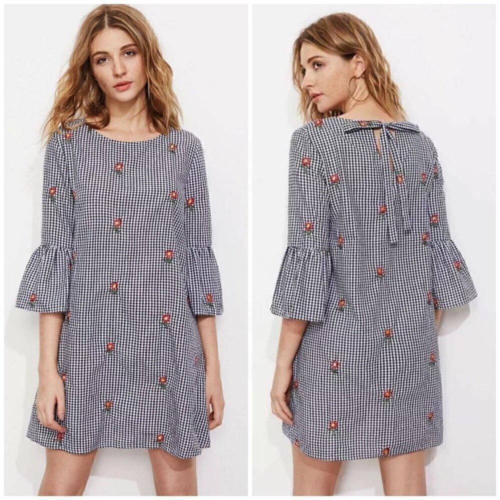 Shein Embroidered Floral Gingham Fluted Bell Sleeve Shift Dress Bow Black Sz S